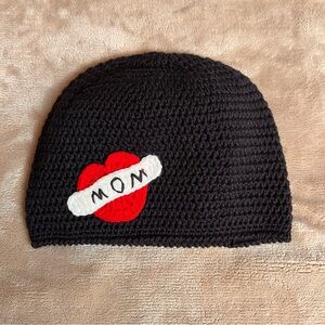 HANDMADE Cable Knit Black Winter Baby Cap Toque with Heart Graphic